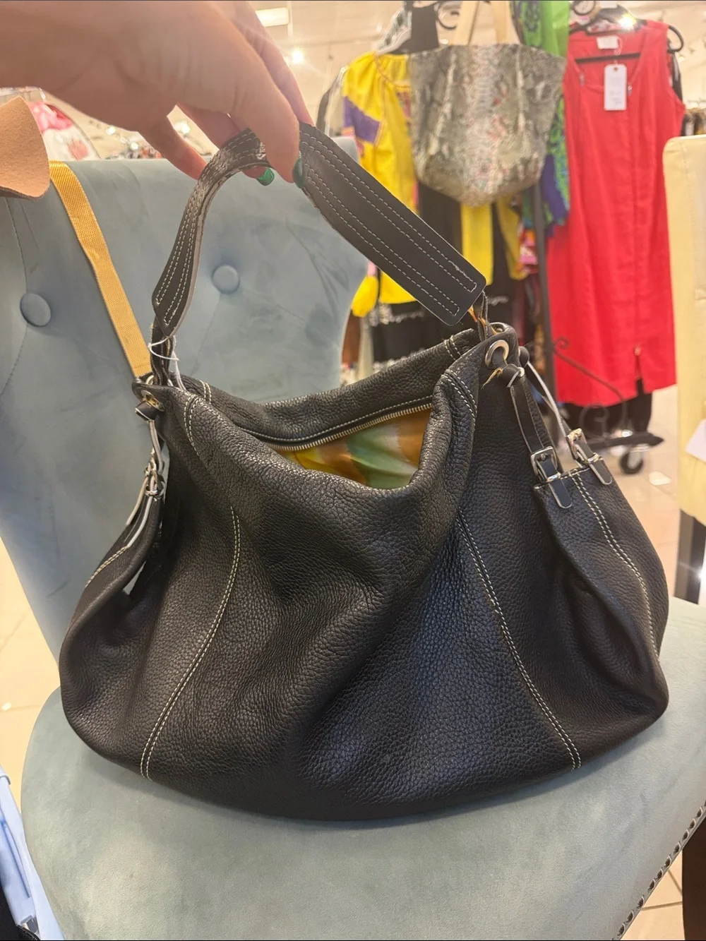 Maxx New York Black Pebbled Leather Hobo with Contrast Stitching
